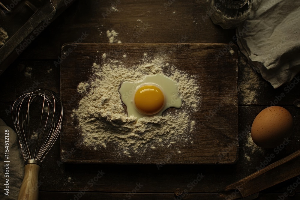 Aufkleber wooden board with flour and cracked egg ready for baking in a rustic kitchen setting. generative ai