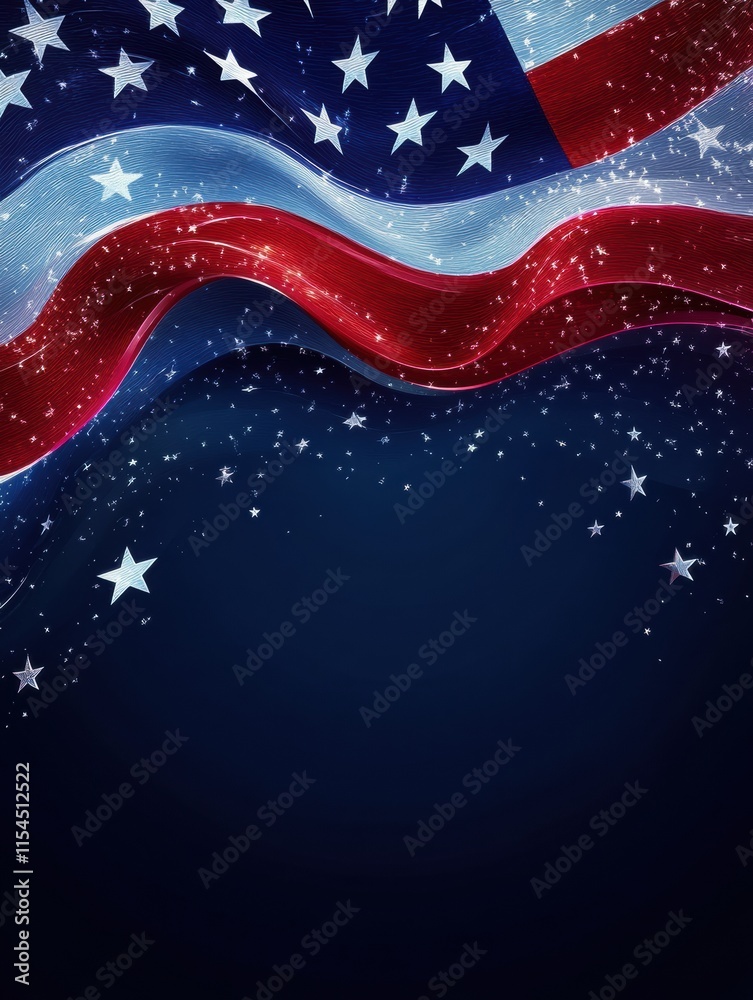 Poster flowing fabric texture of the american flag with sparkling stars and rich colors on a dark backgroun