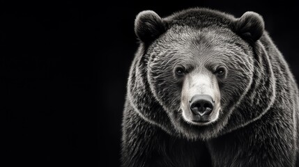 Fototapeta premium Monochrome front-facing portrait of Kamchatka brown bear, intense focus, isolated on a dark black background for powerful predator-themed visuals