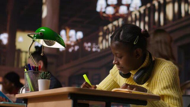 African american schoolgirl using fluorescent pen to highlight key words and phrases for her learning session, marking and underlining important class notes. Scholar prepares for exams. Camera B.