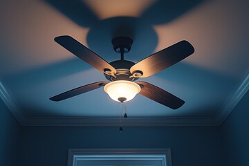 A majestic ceiling fan, illuminated by soft light, spinning above a clean, open room, creating a soothing environment.