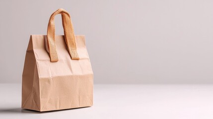 Minimalist brown paper lunch bag with precise folds, soft shadows on a white backdrop, focusing on clean lines and simplicity