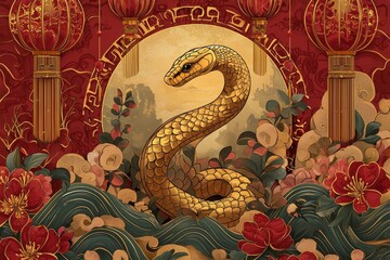 Majestic Chinese New Year 2025 Artwork Featuring Golden Snake Emblem in Ornate Red and Gold Design