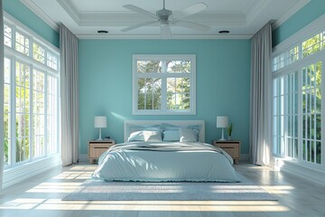 A master bedroom in a newly built house with pale blue turquoise walls, large windows, and a white ceiling fan casting a soft breeze over the room.