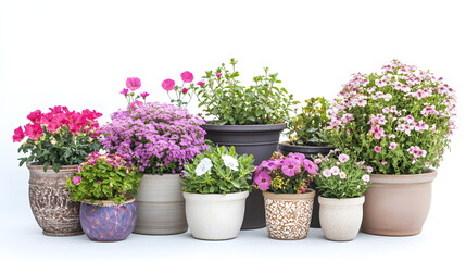Various flowers in decorative pots placed on a terrace or patio