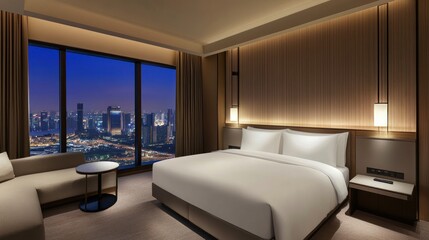 Modern hotel room with city view at night. (1)