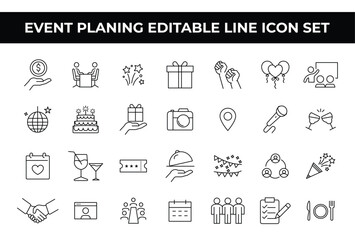 Event Planning Icon Set with editable line icons of calendars, decorations, and event tools. Perfect for event organizers, party planners, brochures, websites, and promotional materials. Event icons
