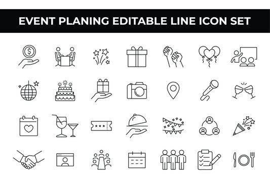 Event Planning Icon Set with editable line icons of calendars, decorations, and event tools. Perfect for event organizers, party planners, brochures, websites, and promotional materials. Event icons