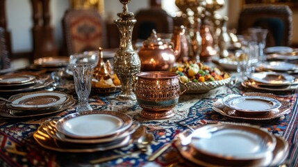 A traditional Turkish dining table with copperware and intricate dishware