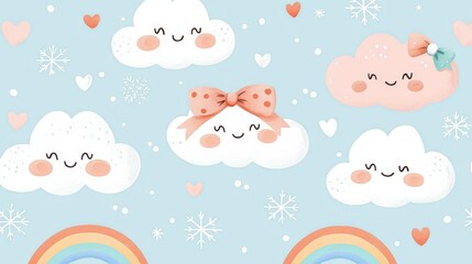 Hand-drawn doodle vector collection featuring hearts, fluffy clouds, bright rainbows, and cheerful snowflakes, arranged on a playful kid-themed background