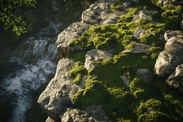 Naklejka premium Low perspective of moss-covered rocks with flowing stream, forest shadows, intimate landscape style