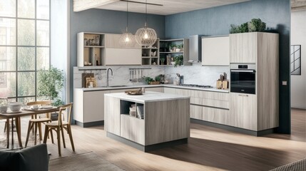 Modern kitchen with island, wood cabinets, and large windows.
