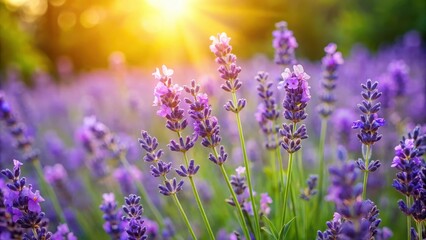 Naklejka premium Violet Lavender flower in a lush garden with soft sunlight filtering through the leaves and stems of surrounding plants