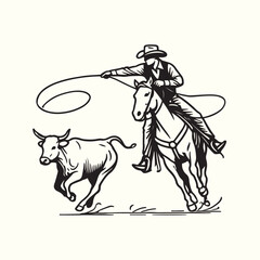 cowboy horseback lasso throwing in front of a calf