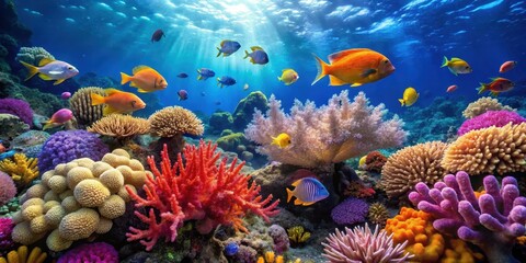 underwater view of vibrant coral reef teeming with tropical fish and colorful sea fans