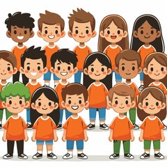 cartoon of children standing wearing orange shirts and smiling