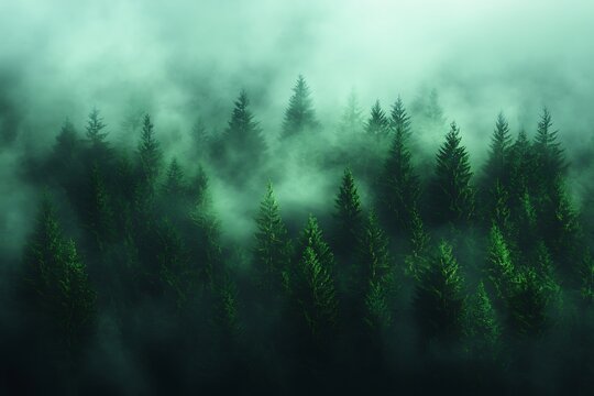 Misty Green Forest Enveloped in Fog