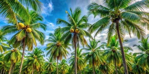 Tall coconut trees with lush green foliage and fruit hanging from the branches, tall, coconut, tropical, tree, nature, outdoor