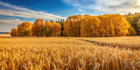 field with wheat and trees in autumn, harvest season, golden light, rural landscape