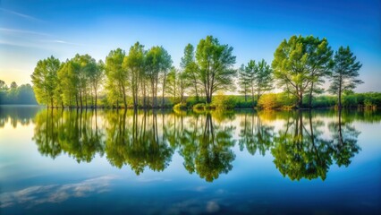 Fototapeta premium water surface reflection of trees, serene lake view
