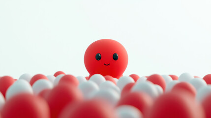 Happy red octopus among red and white balls.