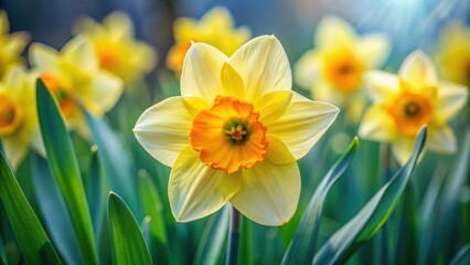 Fototapeta premium daffodil blooms with bright yellow center and delicate petals unfolding from a green stem, flowers, daffodils