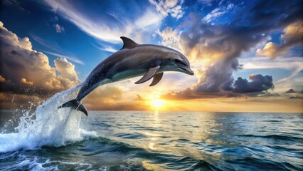 Obraz premium Dolphin leaping through water, Oceanic marine mammal jumping out of the blue, aquatic scene