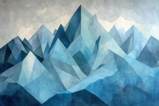 Mountain peaks in cubist deconstruction, slate gray and arctic blue, alpine dawn