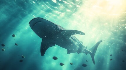 Fototapeta premium Majestic Whale Shark Underwater Encounter: A Breathtaking Ocean Scene