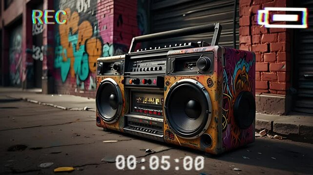 An old radio with a graffiti wall background. Seamless 4K looping timelapse video animation