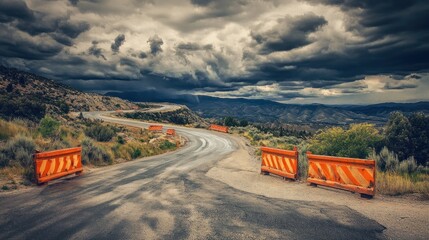 Winding Mountain Road Under Stormy Skies