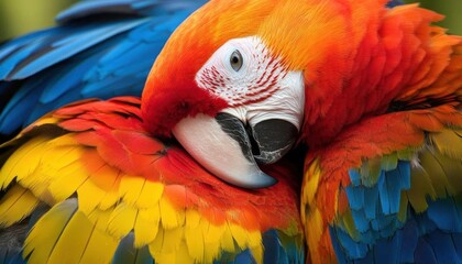 Fototapeta premium A close-up of two vibrant macaws displaying their colorful feathers.