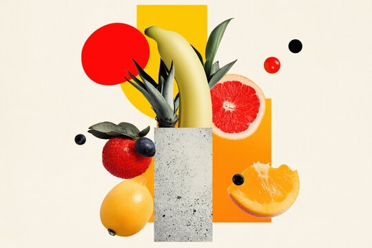 Abstract fruit composition featuring banana strawberry grapefruit lemon and geometric shapes