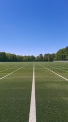 A clear view of a well-maintained football field under a blue sky.