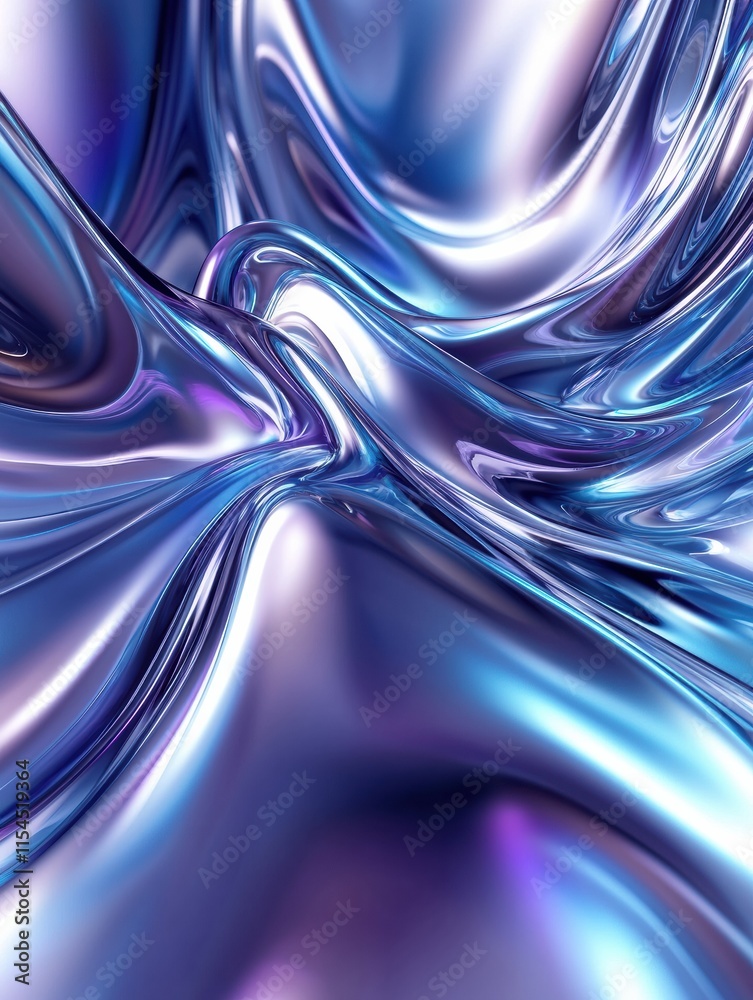 Poster Fluid abstract 3D texture with smooth curves and metallic sheen displaying vibrant blue and purple tones. Generative AI