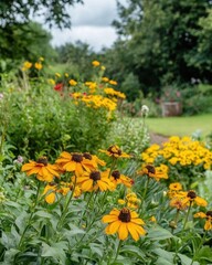 A vibrant garden filled with blooming yellow flowers and greenery.