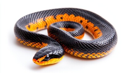 Naklejka premium Vibrant Striped Venomous Snake Coiled and Ready to Strike in Tropical Jungle Setting