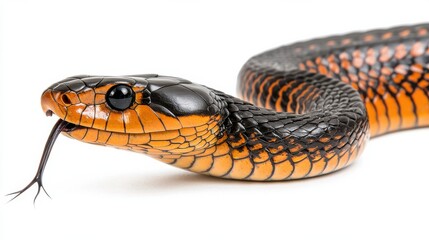 Naklejka premium Coiled Orange and Black Venomous Snake with Fangs in Natural Habitat