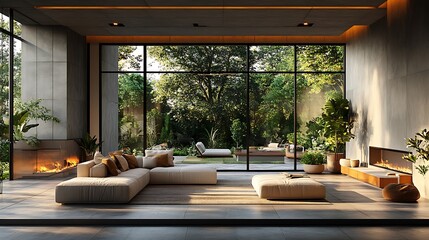 Fototapeta premium Modern Minimalist Living Room with Garden View. Concept of Contemporary Interior Design, Relaxation, and Nature.