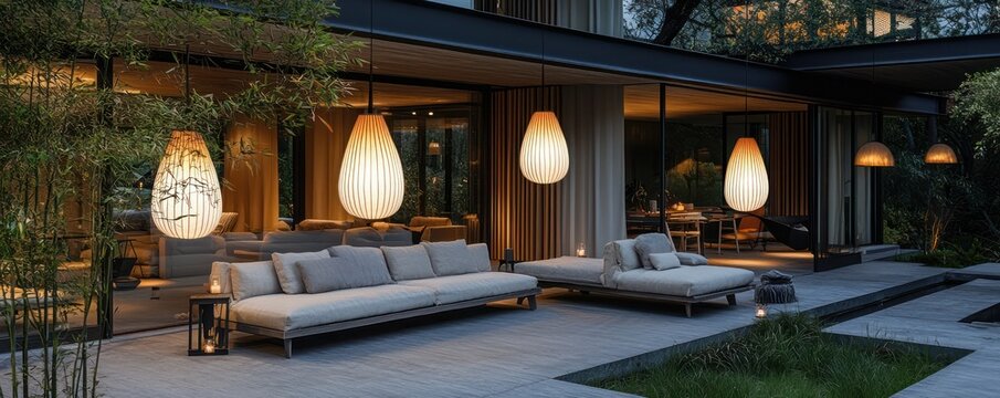 Fototapeta A modern outdoor living room with unique hanging lighting fixtures, designed with comfort and for a chic garden lounge experience.