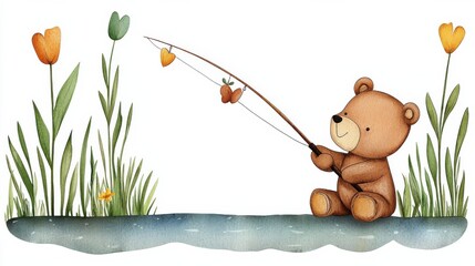 Fototapeta premium Cute Teddy Bear Fishing by Pond with Blooming Tulips in Meadow Landscape