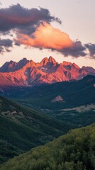 Majestic mountains bathed in sunset hues, showcasing natural beauty.