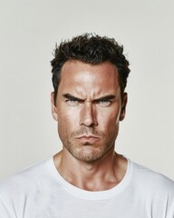 Obraz premium A serious man with a stern expression wearing a white t-shirt.