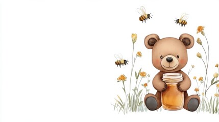 Fototapeta premium Cute Teddy Bear Holding Honey Pot Surrounded by Blooming Flowers in Meadow