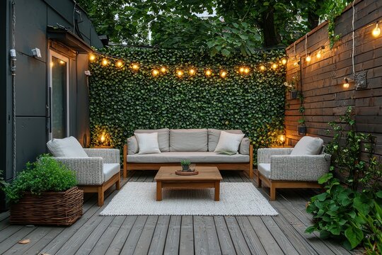 Fototapeta A modern small wooden terrace with a garden view, featuring white fabric furniture, a green wall fence, and soft string lights for a cozy touch.