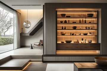 A modern storage solution featuring organized shelves and practical drawers, maintaining a sleek and tidy appearance in a minimalist environment.