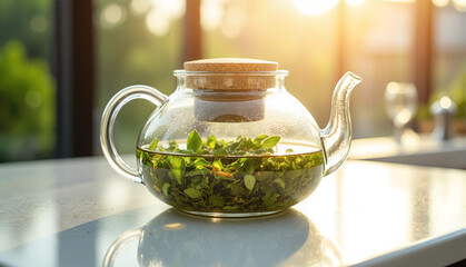 Glass Teapot with Exotic Tea Leaves Against Sunlit Modern Setting, Emphasizing Fresh Green Hues and Minimal Aesthetic