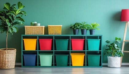 A modern storage solution with brightly colored bins, carefully organized on sleek shelving against a calming green wall, bringing both color and order to the space.