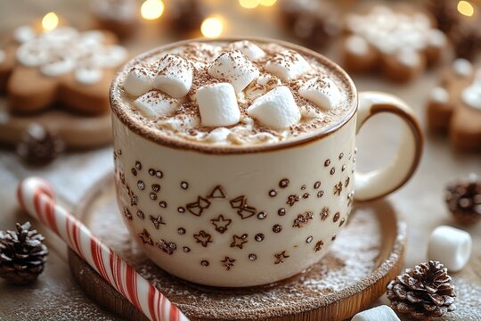 Gingerbread man cookie in cup of hot cocoa or coffee with marshmallow, fir tree, gifts and warm cozy sweater. Christmas greeting card, lights background. Xmas holiday decorations with copy space - Powered by Adobe