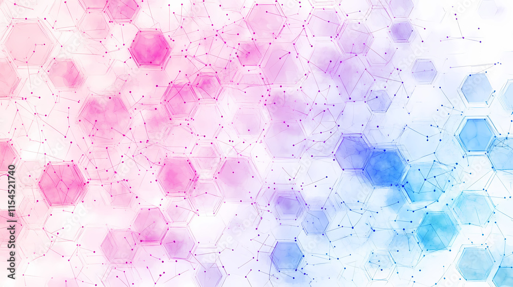 Poster geometric background with pink and blue connected lines and dots arranged in a crystalline hexagon p